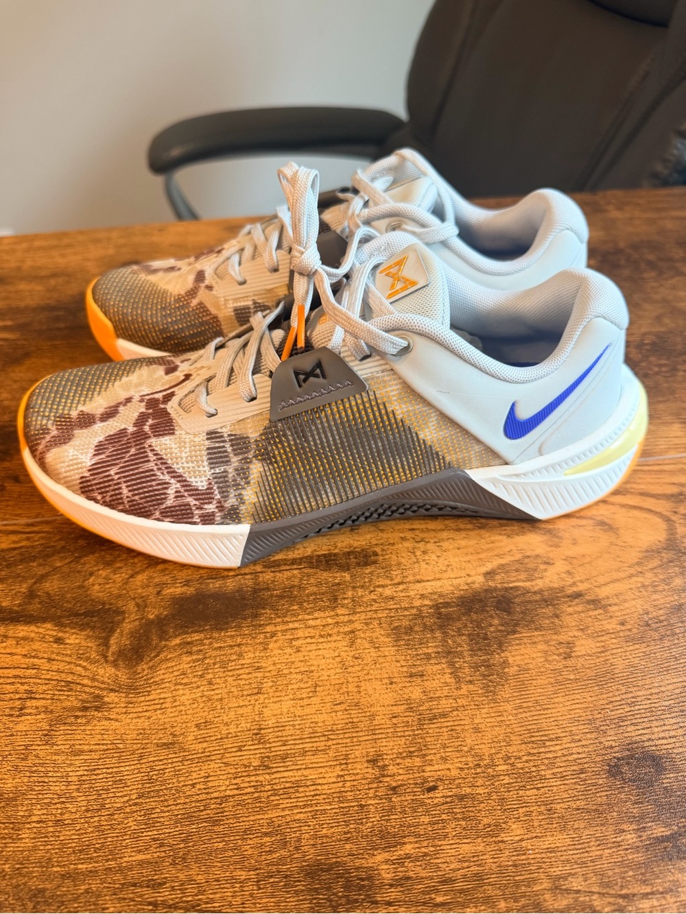 Nike Gray and Orange Camouflage Metcons Knit Trainers with Blue Swoosh NoLid Box